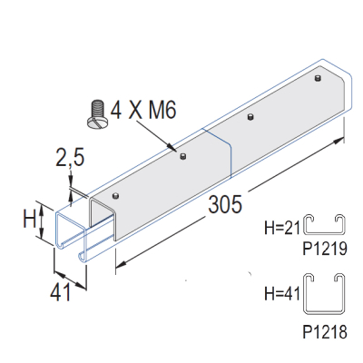 Unistrut 21mm Internal ZP Channel Coupler 41x21x305mm